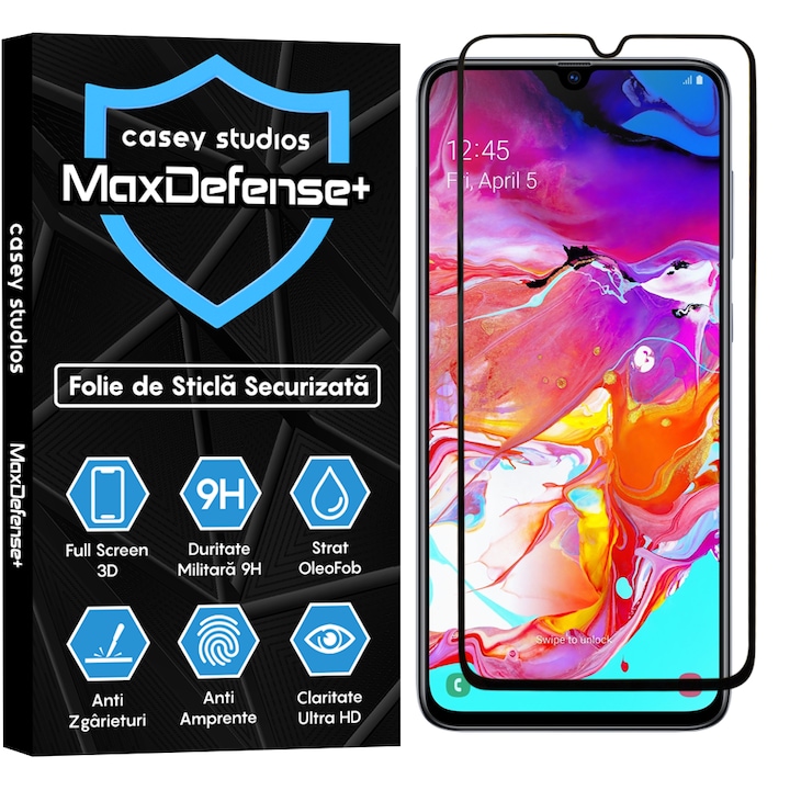 Folie Sticla CASEY STUDIOS™ compatibila cu Samsung Galaxy A70 / A70s, Full Cover 3D, Full Glue, Duritate Militara, Ultra HD, Protectie Profesionala Ecran 3D, Anti Zgarieturi, Anti Socuri, Margini Negre
