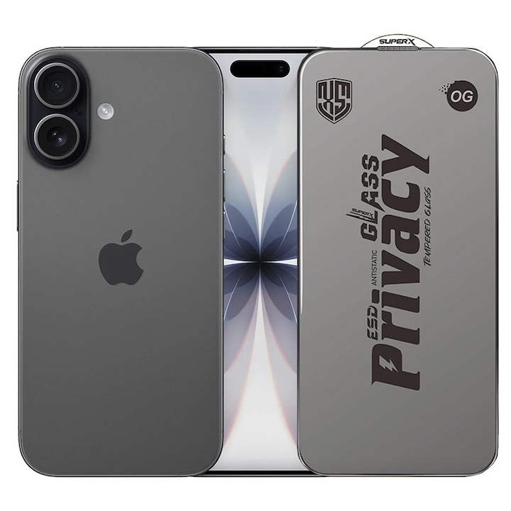 Folie de Protectie pentru Apple iPhone 17, Flippy, Sticla Securizata ESD Antistatica, Super-X Privacy OG, Margini Negre, 0.30 mm, Transparent Inchis