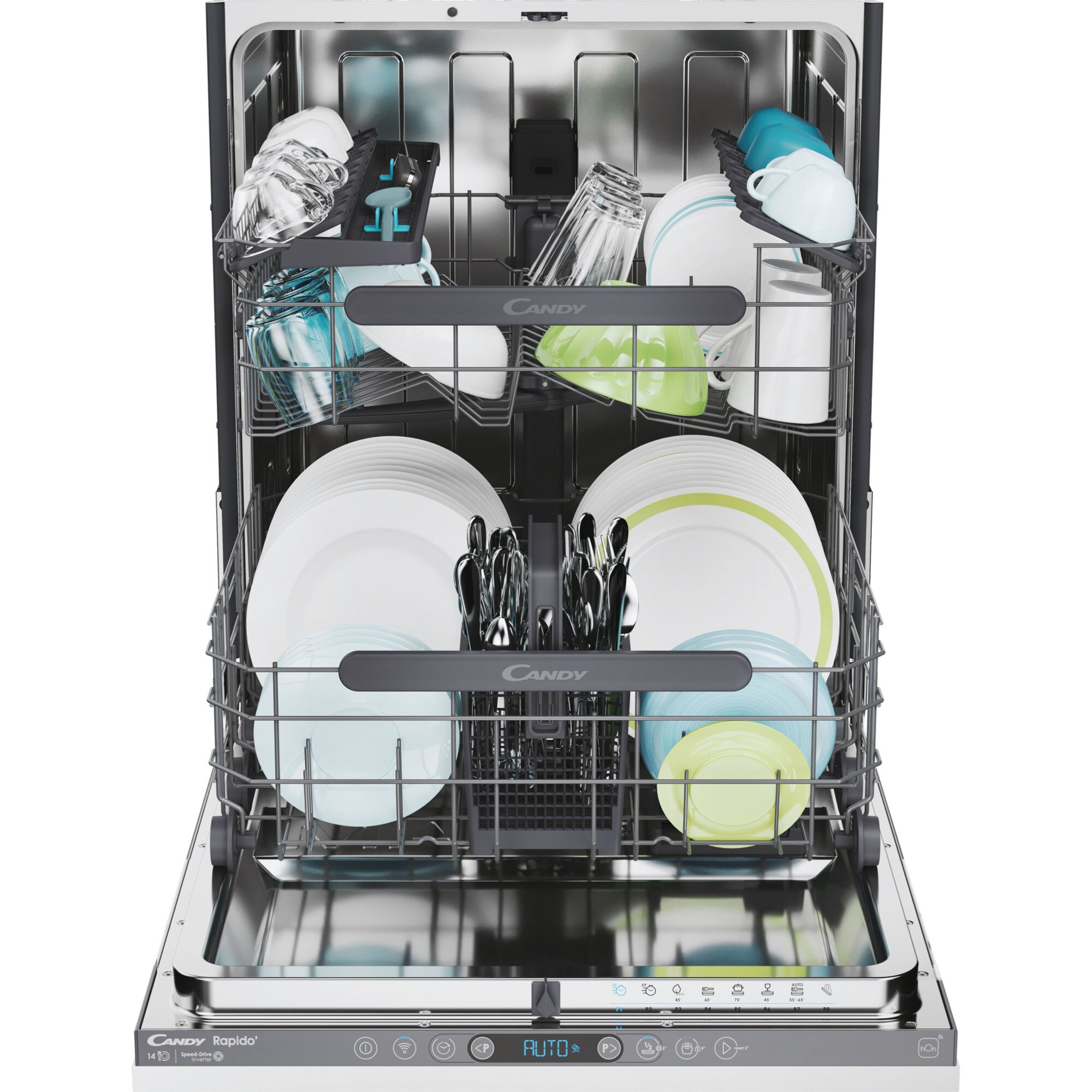 Masina de spalat vase incorporabila Candy Rapido CI 4C6F0PA, 14 seturi, 8 programe, Clasa C, WiFi, Wash & Dry 35', Motor Speed-Drive Inverter , Automatic Open Door, MaxiTub, Power Wash, Aquastop, 60 cm