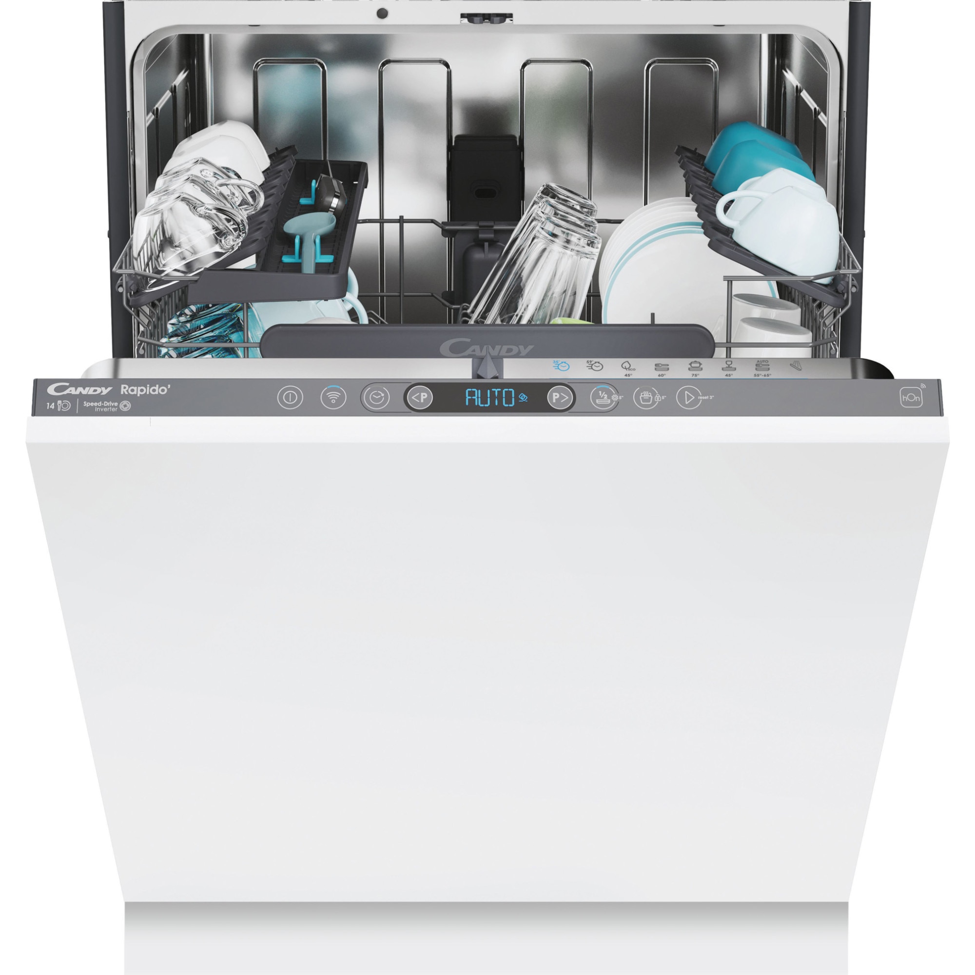 Masina de spalat vase incorporabila Candy Rapido CI 4C6F0PA, 14 seturi, 8 programe, Clasa C, WiFi, Wash & Dry 35', Motor Speed-Drive Inverter , Automatic Open Door, MaxiTub, Power Wash, Aquastop, 60 cm