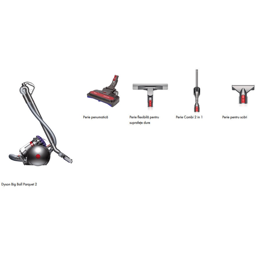 Aspirator fara sac Dyson Big Ball Parquet 2 228566-01, 600 W, tehnologie 2-Tier Radial Root Cyclone™, tehnologie Big Ball™, 35 de cicloni, 4 accesorii, gri