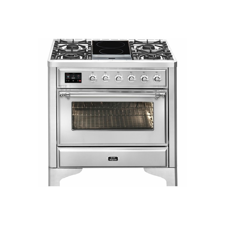 Aragaz pe gaz premium ILVE, Majestiv, 90 cm, clasa A+, 4 arzatoare, 2 zone inductie, cuptor electric 65 litri, design vintage, timer, usa cuptor cu 3 straturi de sticla, gatire ECO, dezghetare, 16 functii de gatire multiple, iluminare interioara, inox