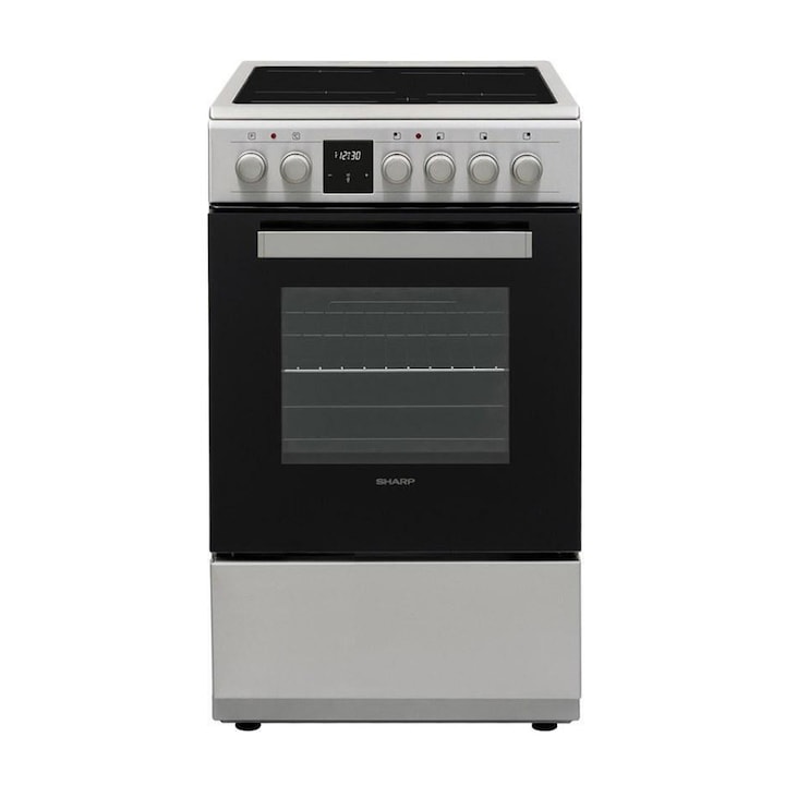 Aragaz electric Sharp KF-56FVDT22IMK-EU, Cuptor multifunctional, Plita vitroceramica 4 zone, Timer digital, 50 cm, 50 l, Clasa A, Inox