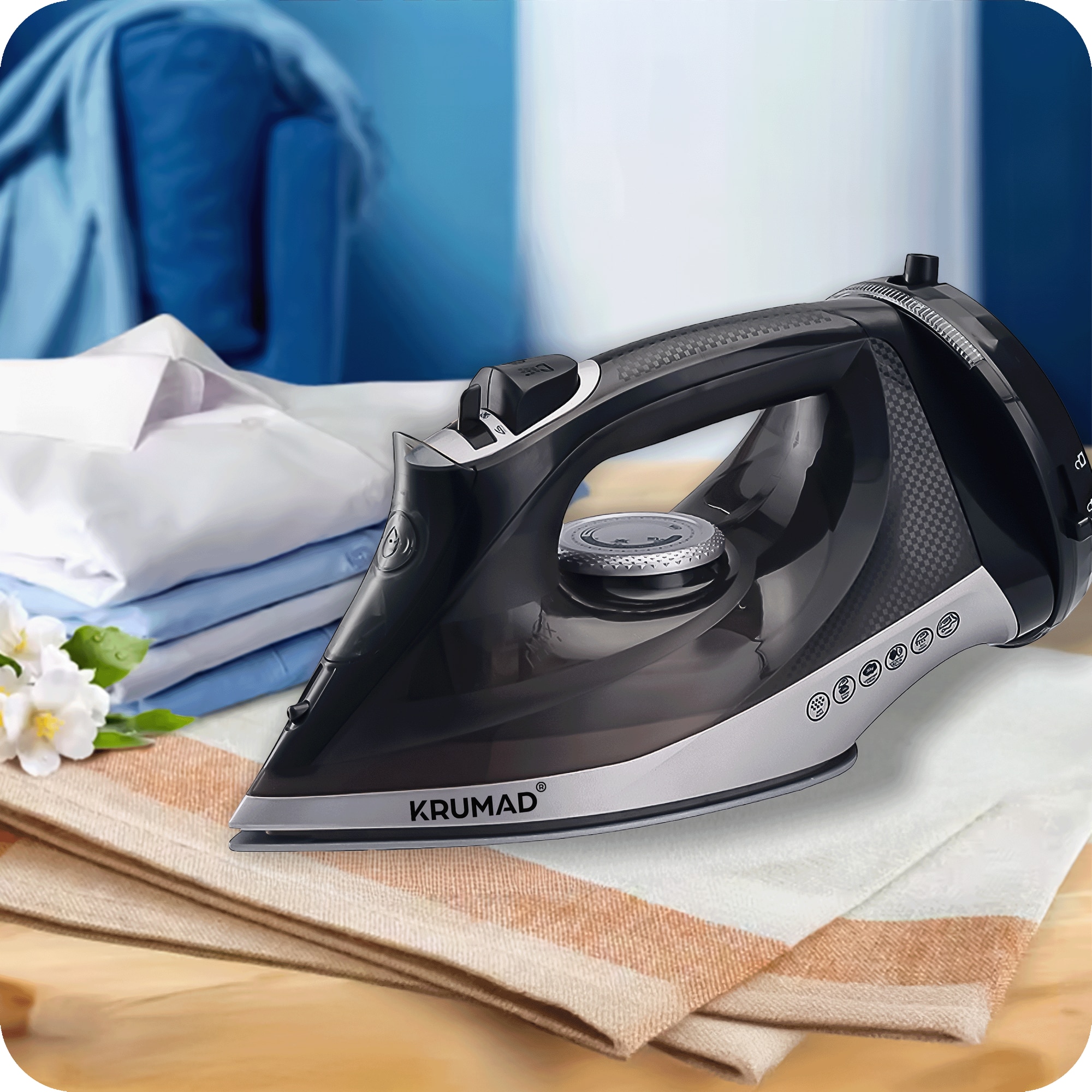 KRUMAD Fier de calcat cu aburi 2600W, fara fir & cu fir – talpa ceramica cu 34 orificii, rezervor 330 ml, functie spray, anti-calcar, autocuratare, incalzire rapida