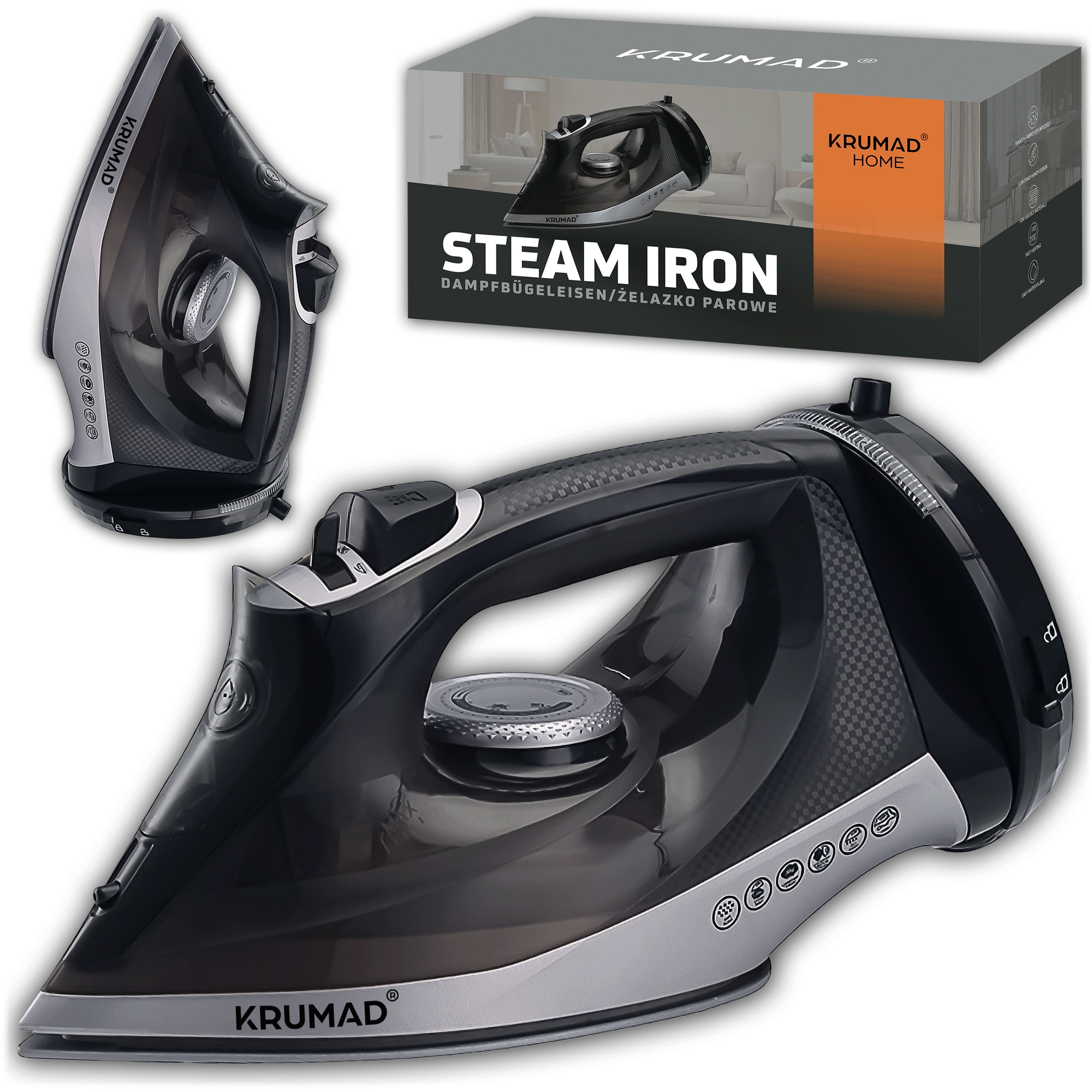 KRUMAD Fier de calcat cu aburi 2600W, fara fir & cu fir – talpa ceramica cu 34 orificii, rezervor 330 ml, functie spray, anti-calcar, autocuratare, incalzire rapida