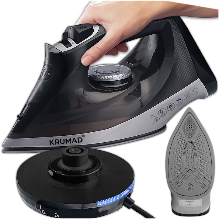 KRUMAD Fier de calcat cu aburi 2600W, fara fir & cu fir – talpa ceramica cu 34 orificii, rezervor 330 ml, functie spray, anti-calcar, autocuratare, incalzire rapida