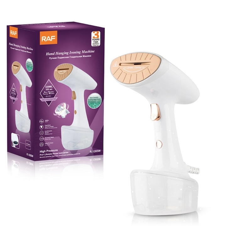Aparat de calcat vertical portabil cu abur Ironing, Fudisenn，putere 1600W, rezervor 300ml, Functie Anti Calcar si Auto Curatare, 2 niveluri de putere, auto oprire, talpa ceramica, Alb，27×10×8cm