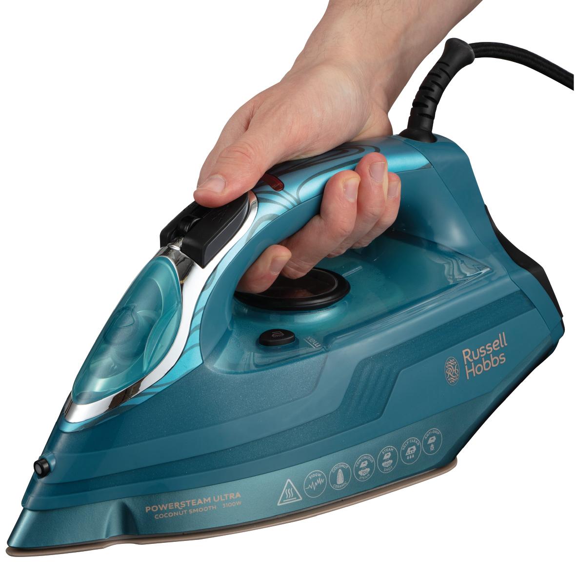 Fier de calcat Russell Hobbs PowerSteam Ultra Coconut Smooth 26340-56, 3100 W, Talpa ceramica cu cocos, 230/70 g abur, 350 ml, Albastru