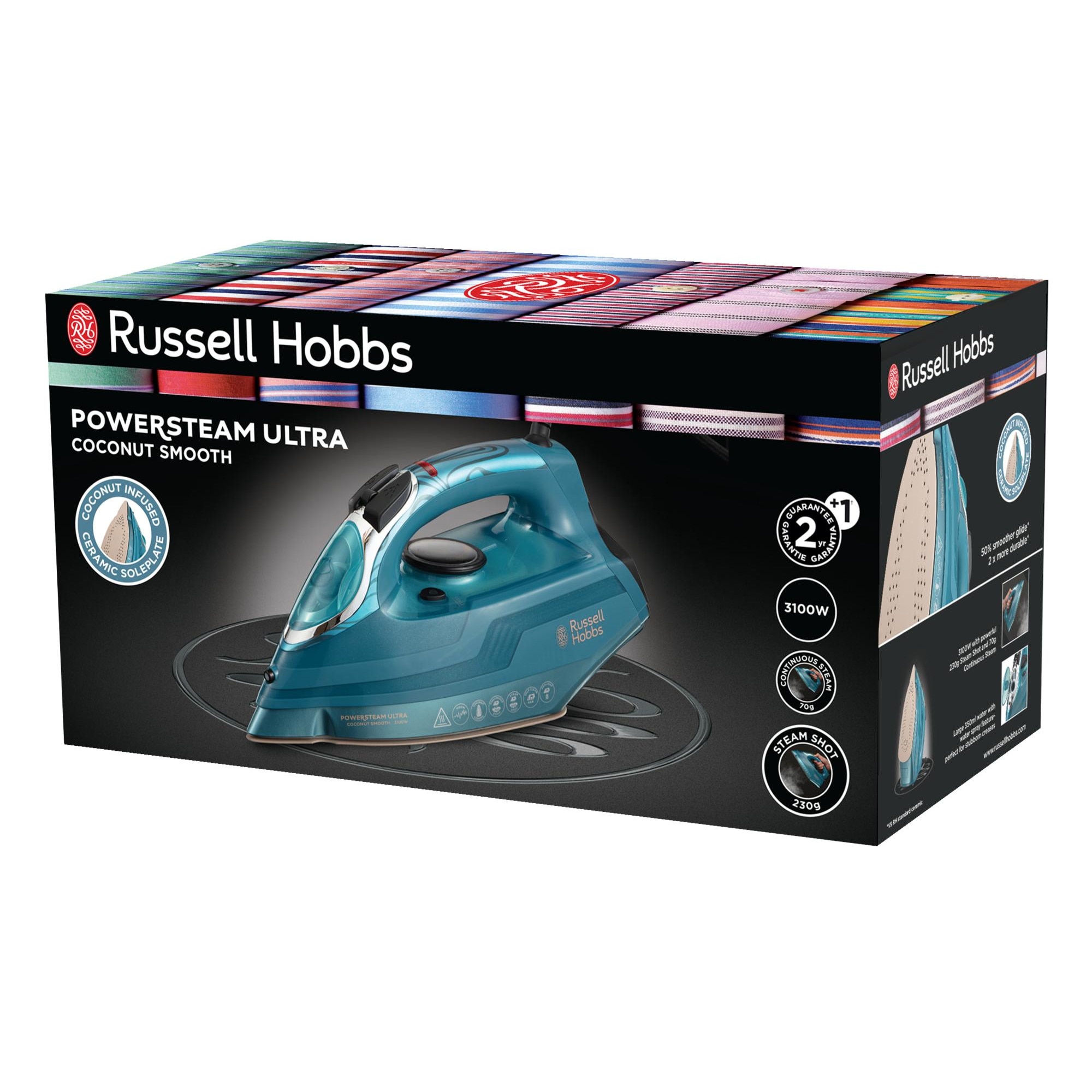 Fier de calcat Russell Hobbs PowerSteam Ultra Coconut Smooth 26340-56, 3100 W, Talpa ceramica cu cocos, 230/70 g abur, 350 ml, Albastru
