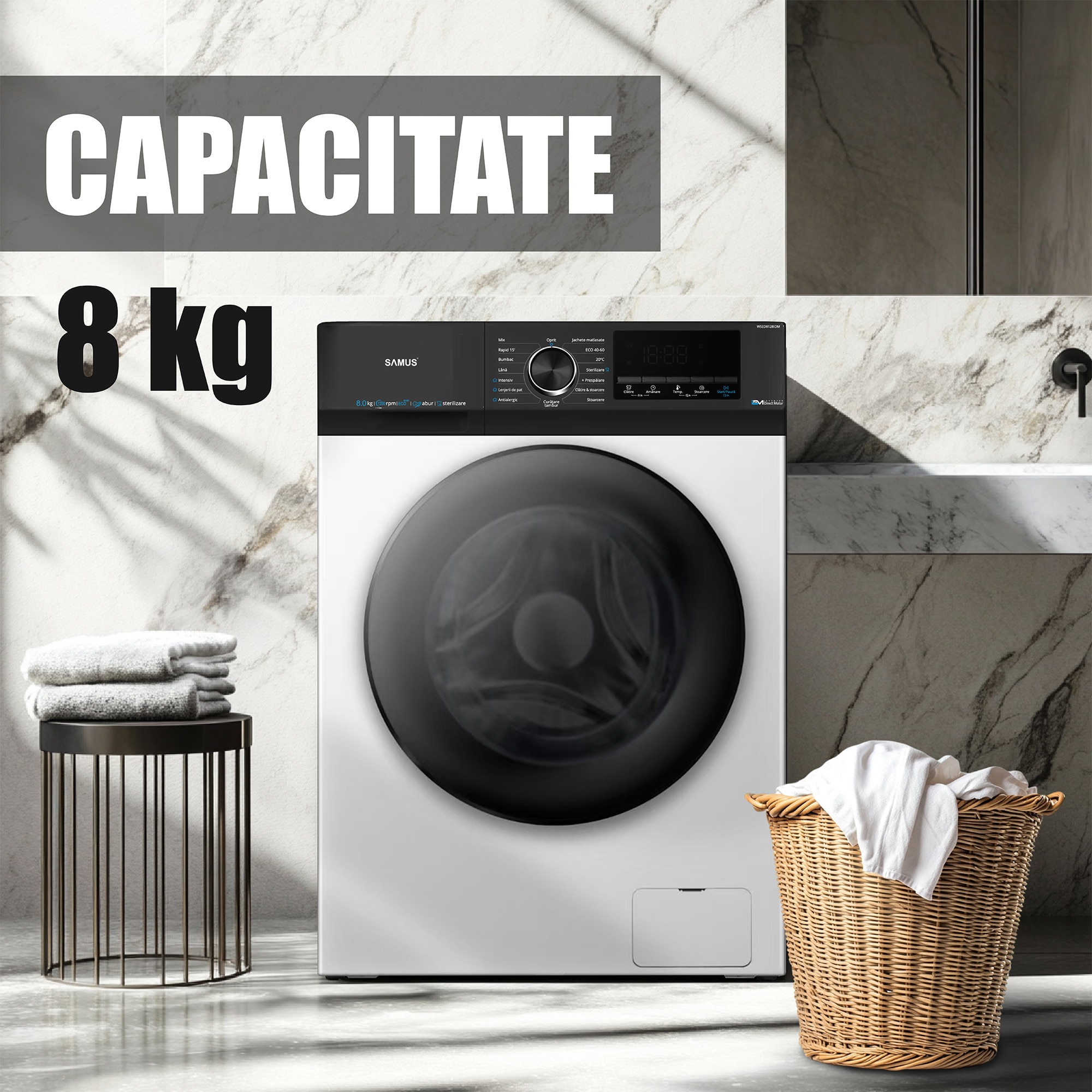 Masina de spalat rufe Samus WSEDI8128IDM, 8 kg, 1200 rpm, Clasa energetica A, Inverter Direct Motor