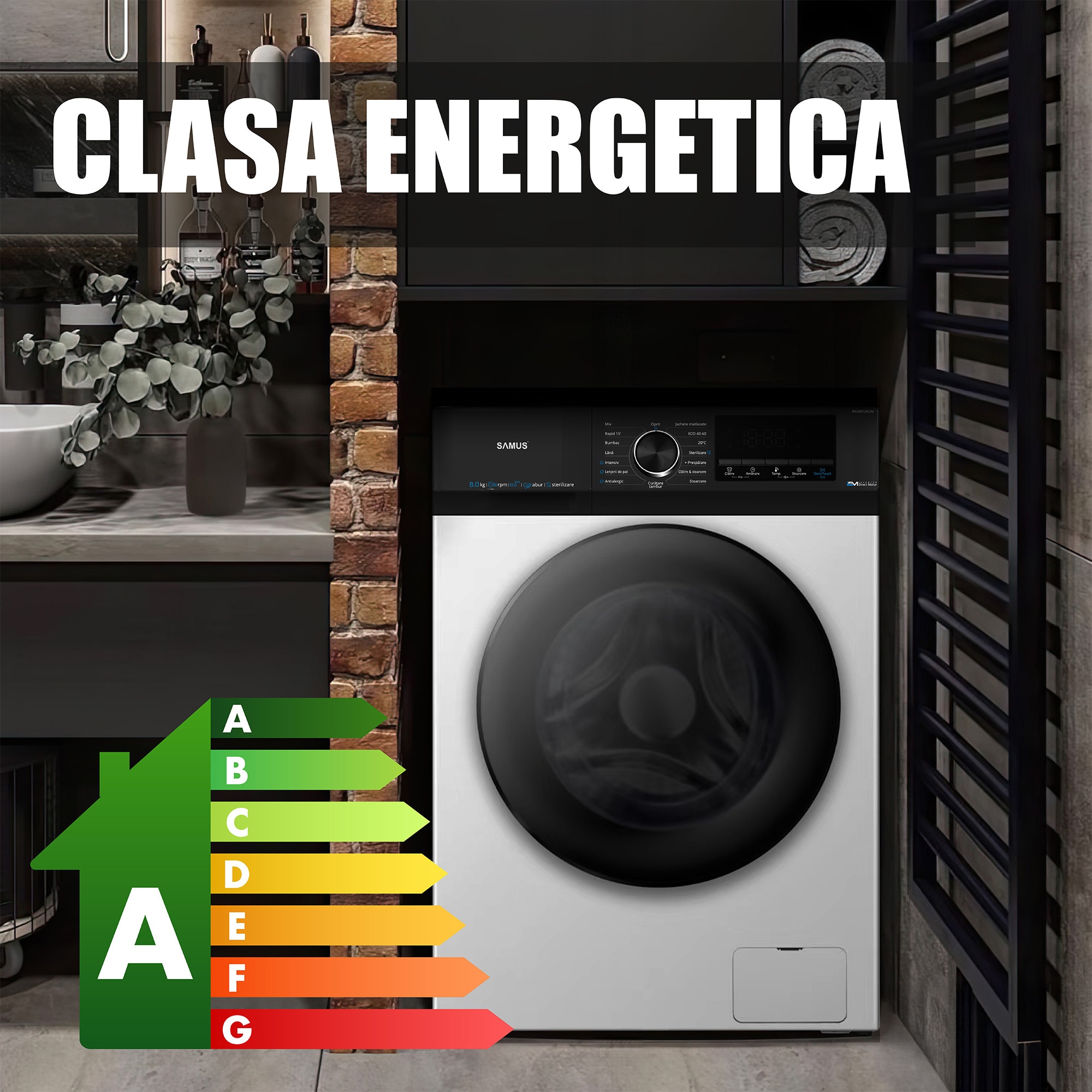 Masina de spalat rufe Samus WSEDI8128IDM, 8 kg, 1200 rpm, Clasa energetica A, Inverter Direct Motor