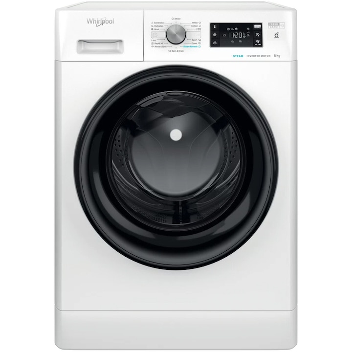 Masina de spalat rufe Whirlpool FreshCare+ FFB 8458 BV EE, 8 kg, 1400 rpm, Clasa B, Steam Refresh, Tehnologia al-6lea Simt, Motor Inverter, Alb/Negru