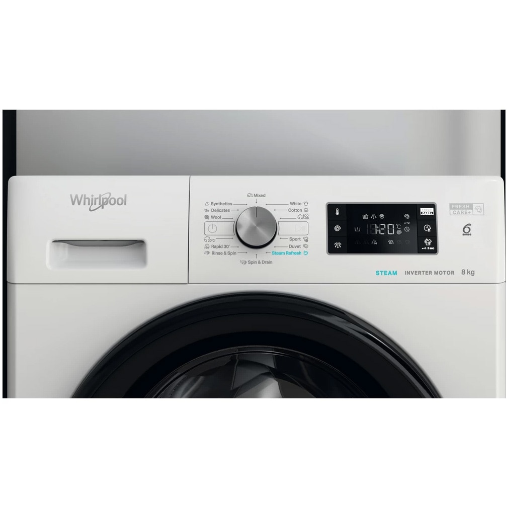 Masina de spalat rufe Whirlpool FreshCare+ FFB 8458 BV EE, 8 kg, 1400 rpm, Clasa B, Steam Refresh, Tehnologia al-6lea Simt, Motor Inverter, Alb/Negru