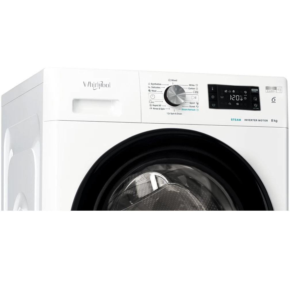 Masina de spalat rufe Whirlpool FreshCare+ FFB 8458 BV EE, 8 kg, 1400 rpm, Clasa B, Steam Refresh, Tehnologia al-6lea Simt, Motor Inverter, Alb/Negru