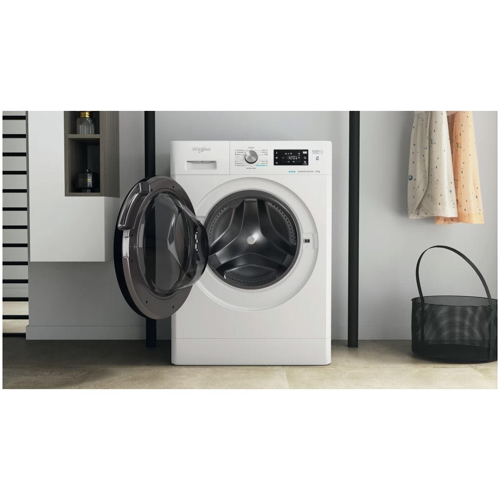 Masina de spalat rufe Whirlpool FreshCare+ FFB 8458 BV EE, 8 kg, 1400 rpm, Clasa B, Steam Refresh, Tehnologia al-6lea Simt, Motor Inverter, Alb/Negru