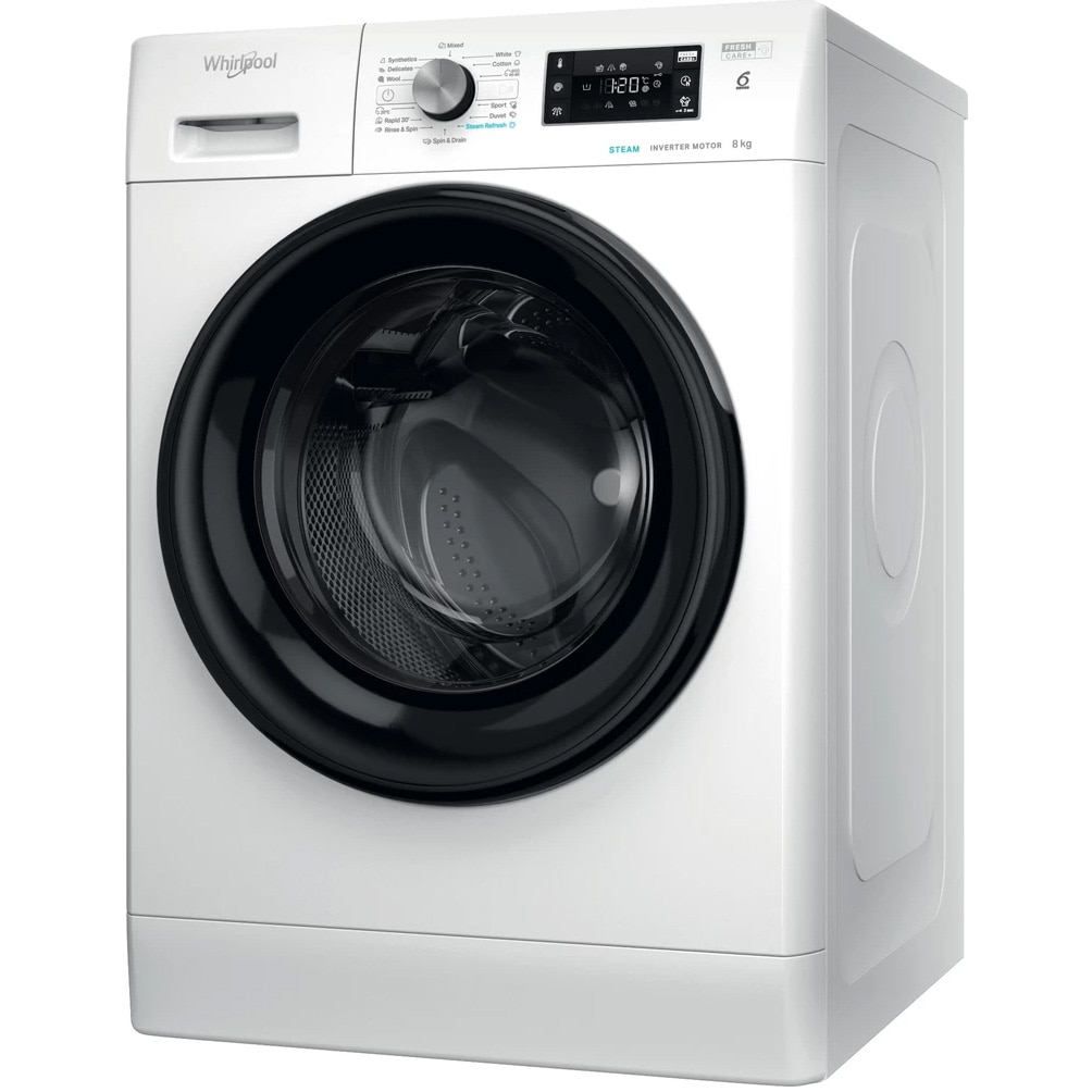 Masina de spalat rufe Whirlpool FreshCare+ FFB 8458 BV EE, 8 kg, 1400 rpm, Clasa B, Steam Refresh, Tehnologia al-6lea Simt, Motor Inverter, Alb/Negru