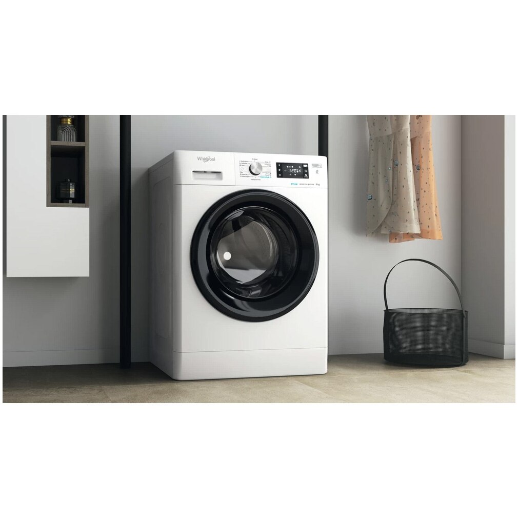 Masina de spalat rufe Whirlpool FreshCare+ FFB 8458 BV EE, 8 kg, 1400 rpm, Clasa B, Steam Refresh, Tehnologia al-6lea Simt, Motor Inverter, Alb/Negru