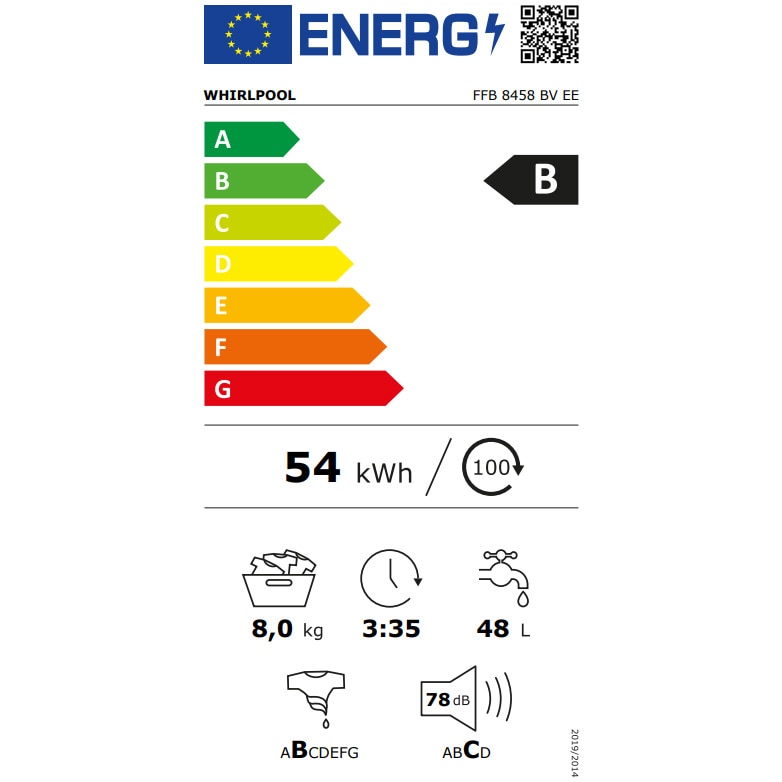 Masina de spalat rufe Whirlpool FreshCare+ FFB 8458 BV EE, 8 kg, 1400 rpm, Clasa B, Steam Refresh, Tehnologia al-6lea Simt, Motor Inverter, Alb/Negru