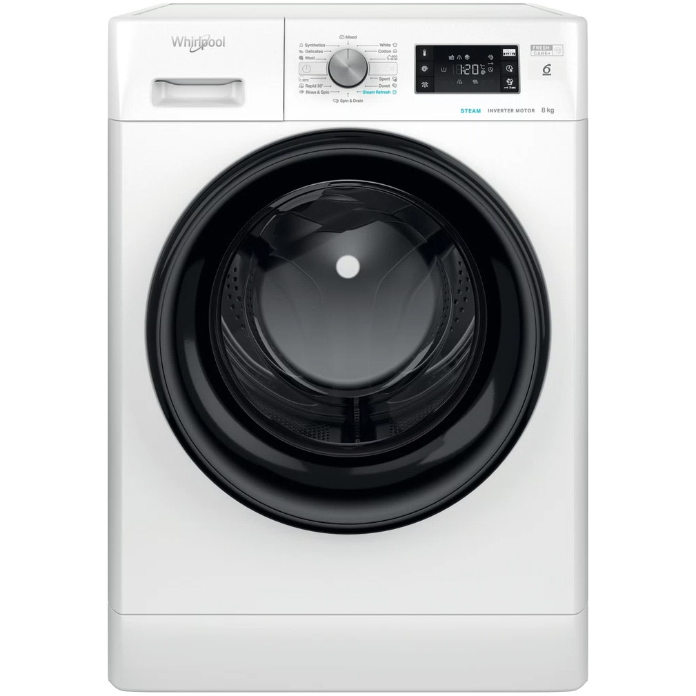 Masina de spalat rufe Whirlpool FreshCare+ FFB 8458 BV EE, 8 kg, 1400 rpm, Clasa B, Steam Refresh, Tehnologia al-6lea Simt, Motor Inverter, Alb/Negru
