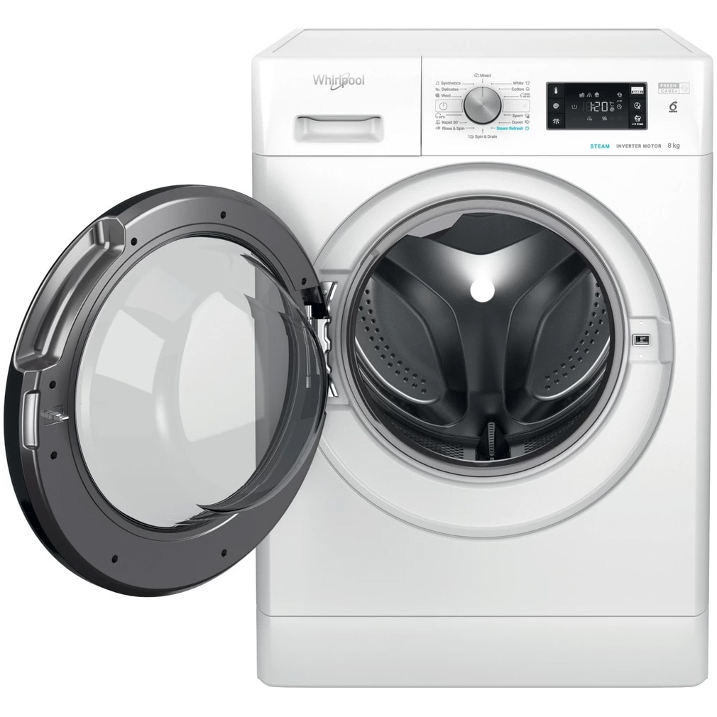 Masina de spalat rufe Whirlpool FreshCare+ FFB 8458 BV EE, 8 kg, 1400 rpm, Clasa B, Steam Refresh, Tehnologia al-6lea Simt, Motor Inverter, Alb/Negru