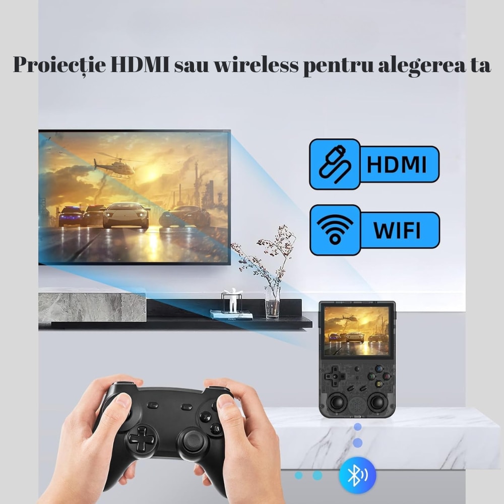 Consola Retro Ultra Portabila Premium, 64GB cu 20.000 de Jocuri Preinstalate, Quad Core Cortex-A53 1.5GHz, 1GB DDR3, IPS LCD 3.5" 640x480, 3500 mAh, Negru
