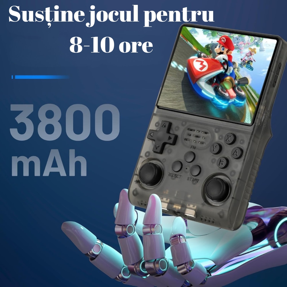 Consola Retro Ultra Portabila Premium, 64GB cu 20.000 de Jocuri Preinstalate, Quad Core Cortex-A53 1.5GHz, 1GB DDR3, IPS LCD 3.5" 640x480, 3500 mAh, Negru