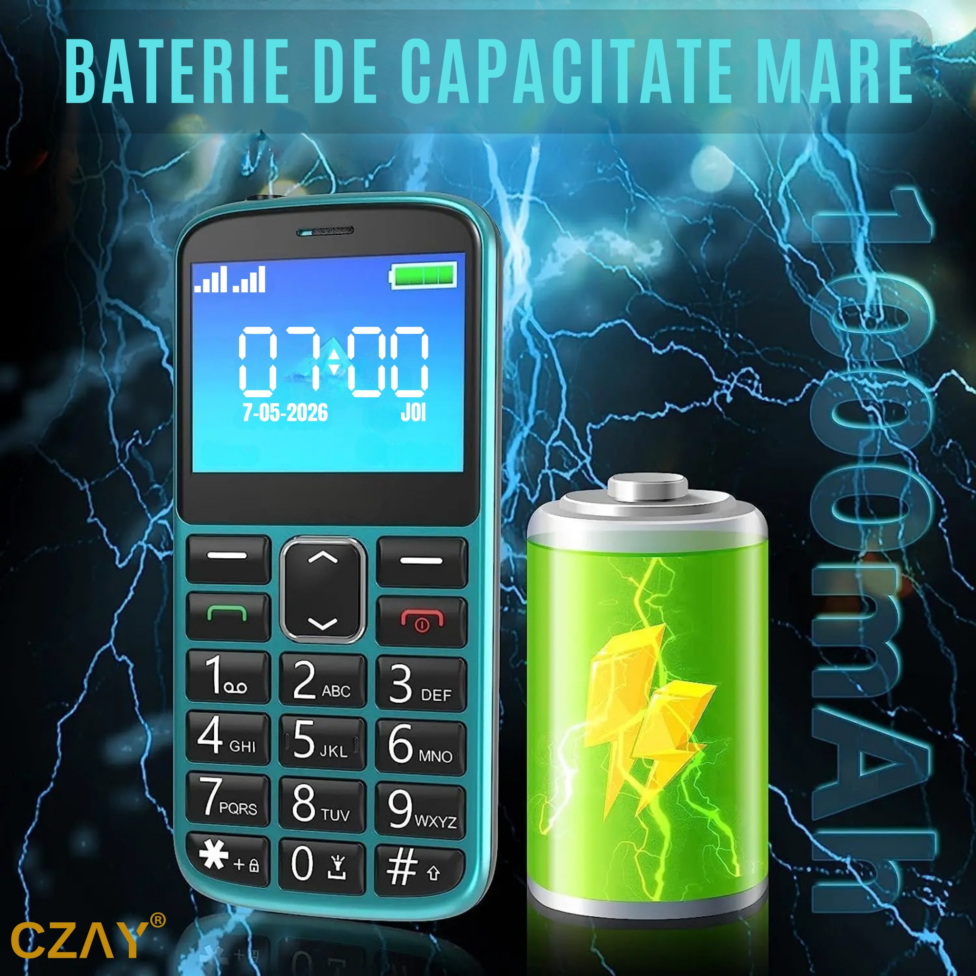 Telefon Mobil Seniori CZAY® cu Taste Mari si Buton SOS pentru Siguranta, Meniu Romana si Maghiara, Autonomie 7 Zile, Volum Puternic, Dual Sim, Ecran LCD Generos, Color, Camera foto, Lanterna, Radio, Bluetooth, Turcoaz, 2G