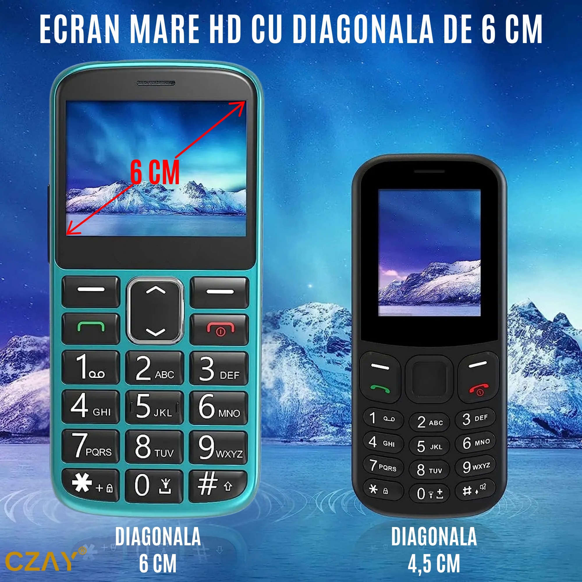 Telefon Mobil Seniori CZAY® cu Taste Mari si Buton SOS pentru Siguranta, Meniu Romana si Maghiara, Autonomie 7 Zile, Volum Puternic, Dual Sim, Ecran LCD Generos, Color, Camera foto, Lanterna, Radio, Bluetooth, Turcoaz, 2G