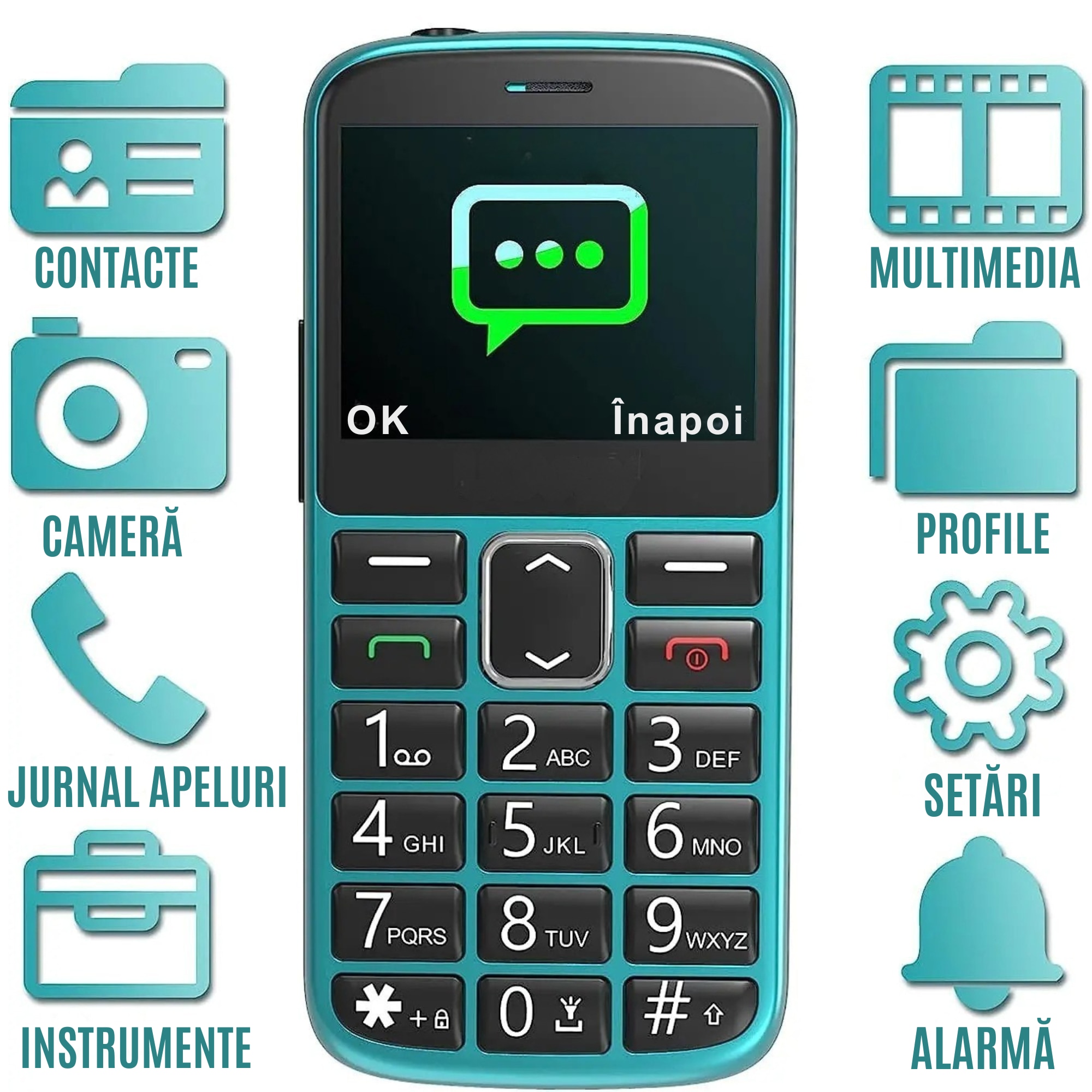 Telefon Mobil Seniori CZAY® cu Taste Mari si Buton SOS pentru Siguranta, Meniu Romana si Maghiara, Autonomie 7 Zile, Volum Puternic, Dual Sim, Ecran LCD Generos, Color, Camera foto, Lanterna, Radio, Bluetooth, Turcoaz, 2G