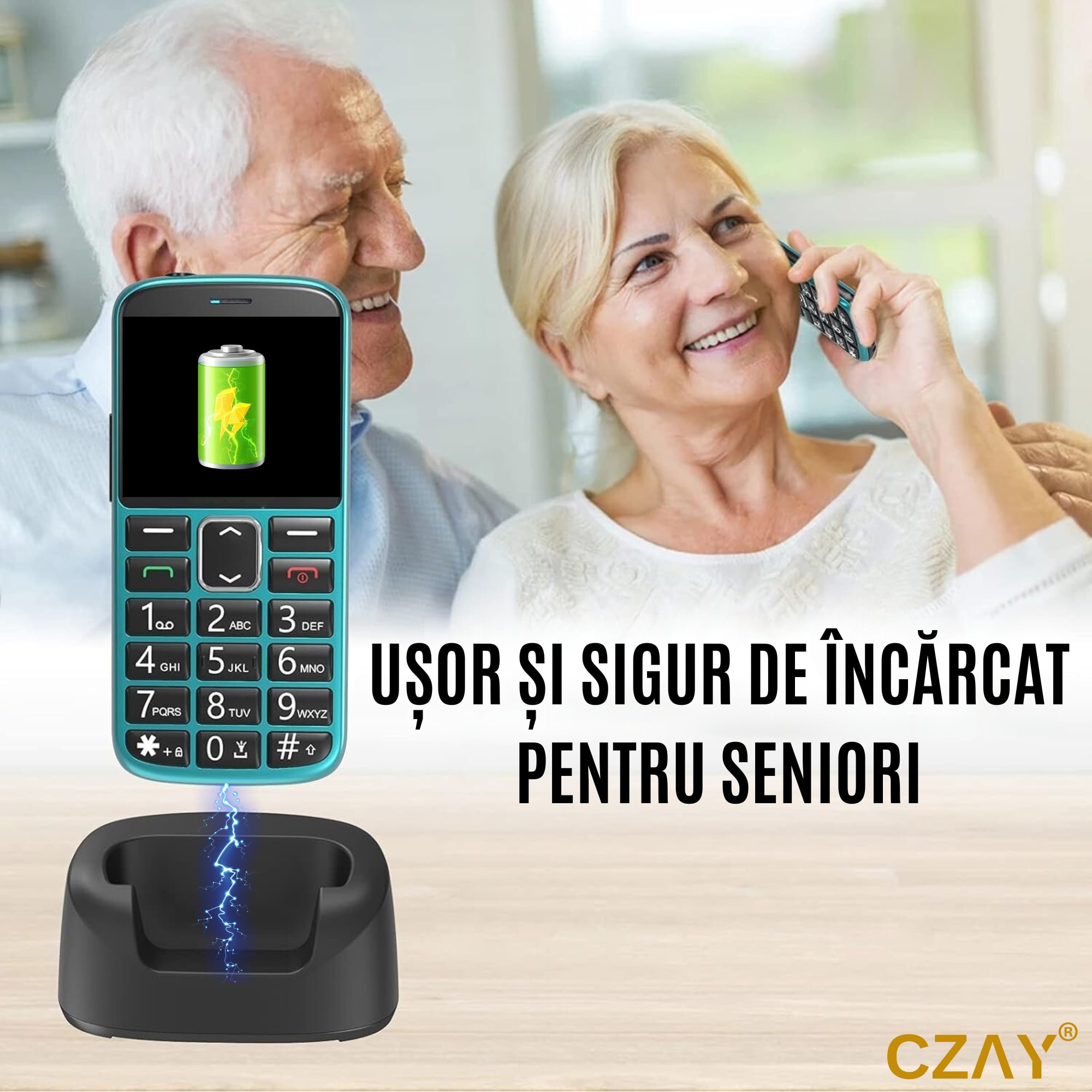 Telefon Mobil Seniori CZAY® cu Taste Mari si Buton SOS pentru Siguranta, Meniu Romana si Maghiara, Autonomie 7 Zile, Volum Puternic, Dual Sim, Ecran LCD Generos, Color, Camera foto, Lanterna, Radio, Bluetooth, Turcoaz, 2G