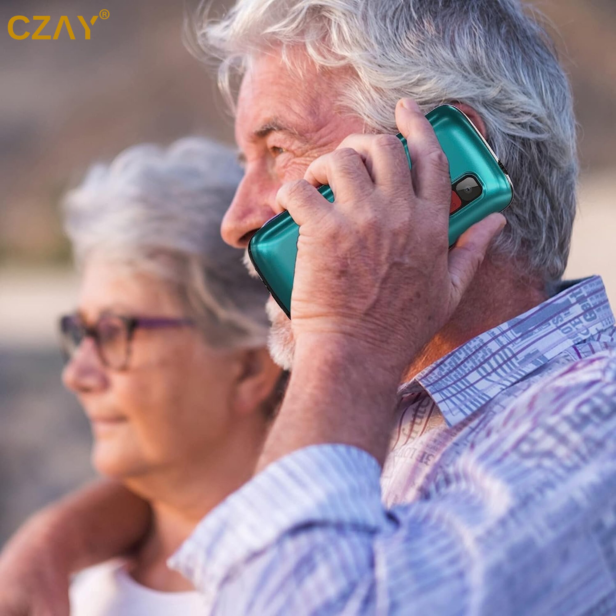 Telefon Mobil Seniori CZAY® cu Taste Mari si Buton SOS pentru Siguranta, Meniu Romana si Maghiara, Autonomie 7 Zile, Volum Puternic, Dual Sim, Ecran LCD Generos, Color, Camera foto, Lanterna, Radio, Bluetooth, Turcoaz, 2G
