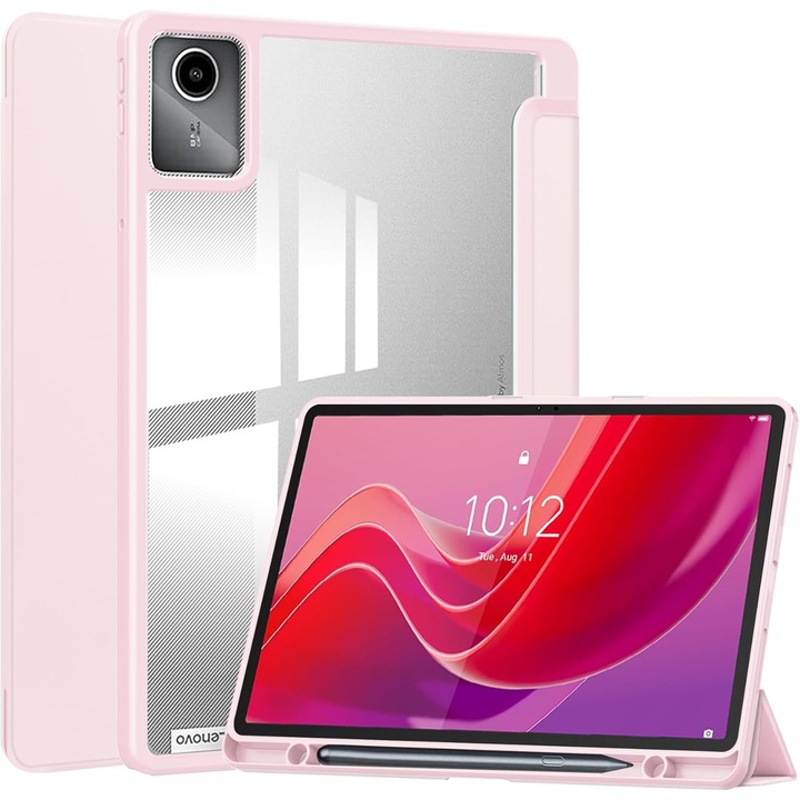Husa premium pentru Lenovo Tab P12 (TB370FU)/Lenovo Idea Tab Pro(TB-373FU), 12.7'', Sigloo, suport Smart Pen, spatele din policarbonat transparent, rezistent la socuri, Pink