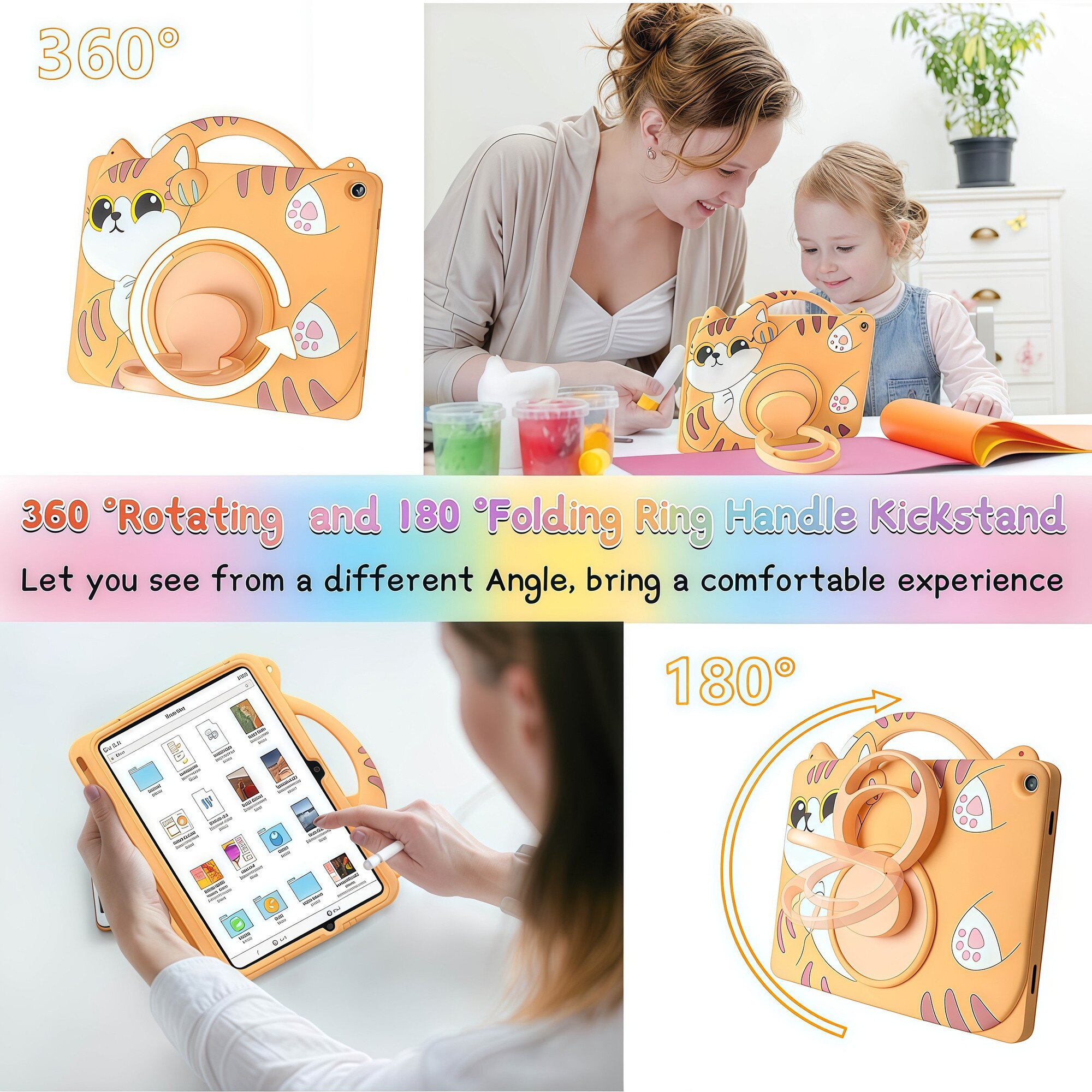 Husa pentru Samsung Galaxy Tab A9 / A11 8.7 inch (2023/2025), Silicon Moale pentru Copii, Maner Inel Rotativ 360 Grade, Functie Stand, Protectie Anti-soc, Design Pisicuta, Portocaliu