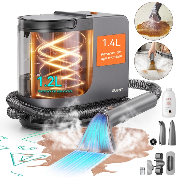 Dispozitiv de curatare covoare, Rolipo®, UWANT B400, Aspirator, 600W 18kPa Autocuratare Curatator tapiterie, Curatare cu abur la temperatura inalta de 100 de grade, Zgomot redus ≤75 dB, Negru