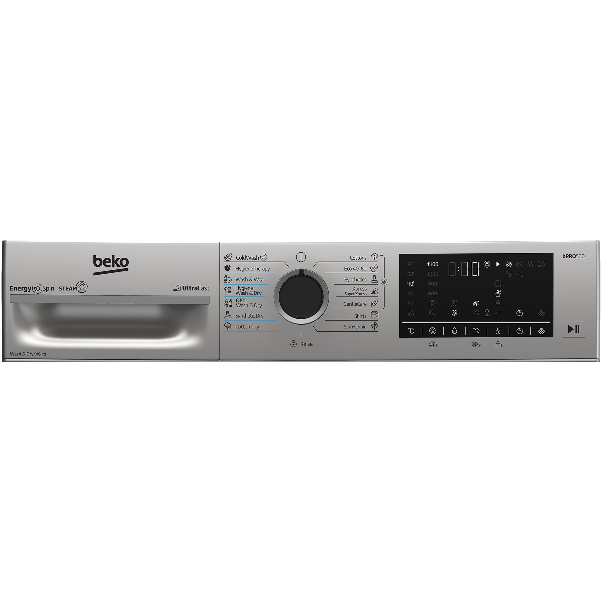 Masina de spalat rufe cu uscator Beko BM5DFT49442GB, 9/6 kg, 1400 RPM, 15 programe, Child Lock, Digital Display, Recycled Tub, Motor ProSmart Inverter, Gri, Clasa D