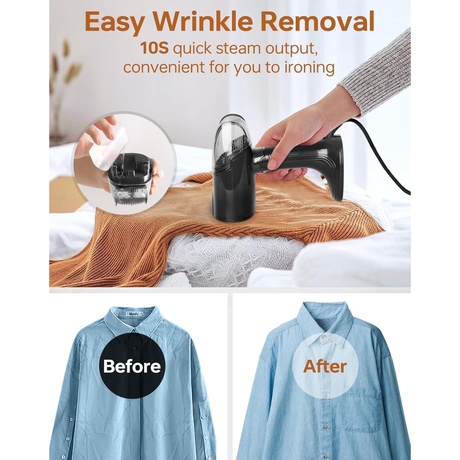 Fier de Calcat Pliabil de Voiaj sau pentru Acasa, cu Calcare pe Verticala sau Orizontala, Abur, 1500W, Talpa Ceramica, SOHO Steam, Functie Self Clean si Anti Calcar, Negru