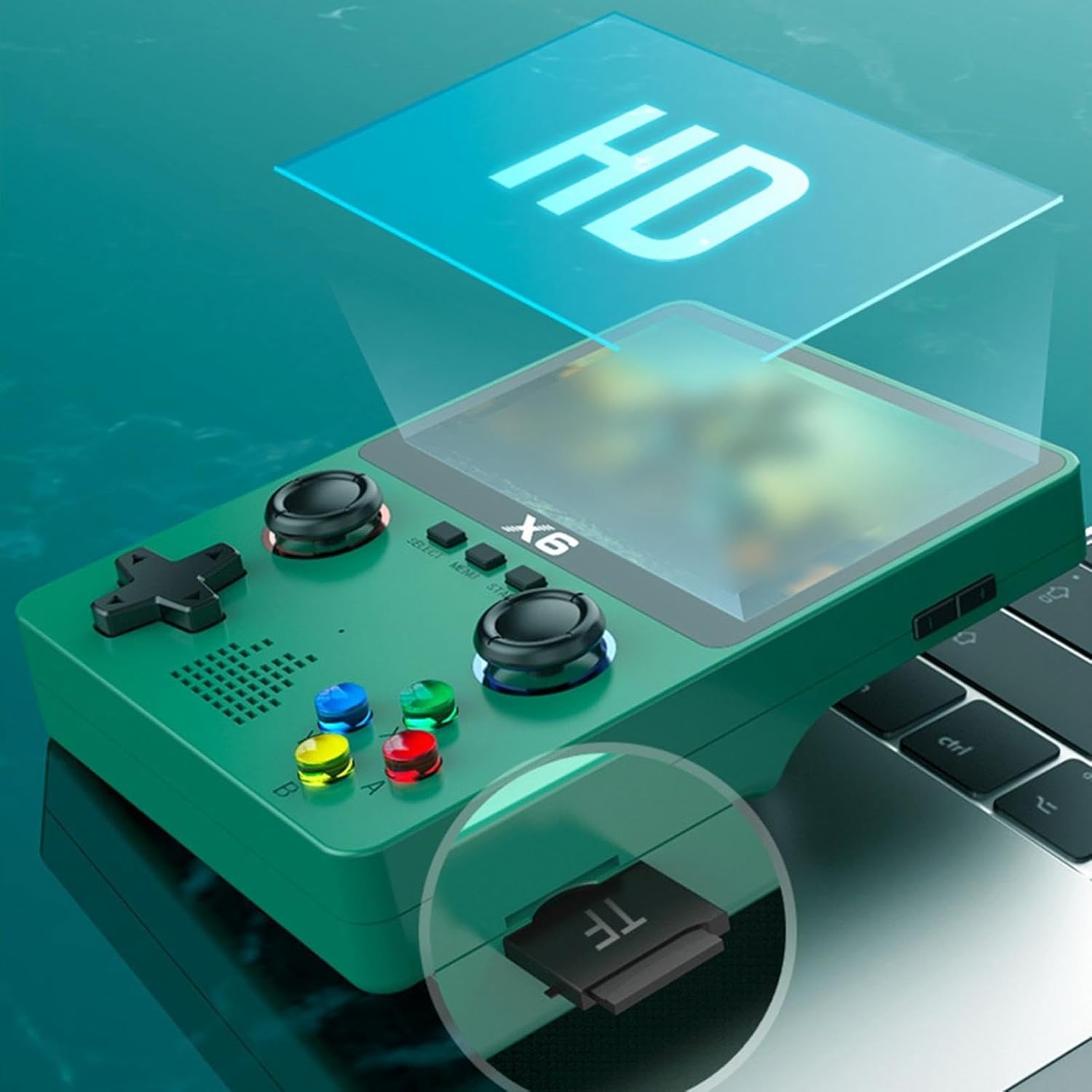 Consola portabila 6000+ jocuri, Rezolutie 640x480, Display 3.5 inch, Acumulator 2000 mah, Autonomie 6h, Emulator cu Joystick dublu inclus, HD, Redare muzica/video/e-book, Incarcare USB-C, Conectare TV, TOIITKQ, Verde