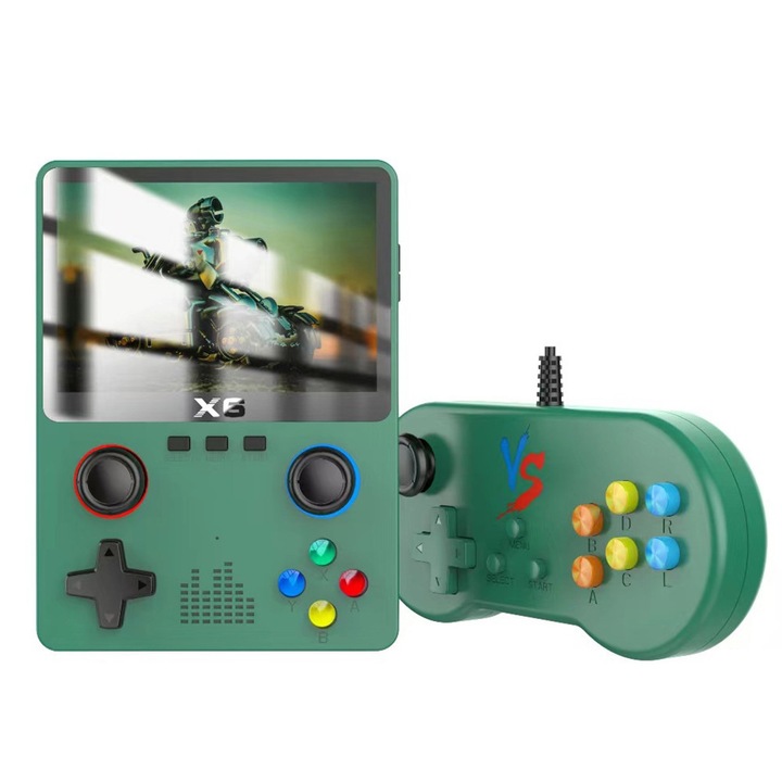 Consola portabila 6000+ jocuri, Rezolutie 640x480, Display 3.5 inch, Acumulator 2000 mah, Autonomie 6h, Emulator cu Joystick dublu inclus, HD, Redare muzica/video/e-book, Incarcare USB-C, Conectare TV, TOIITKQ, Verde