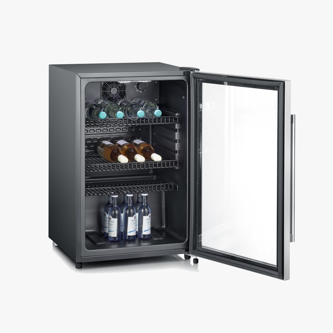 Vitrina frigorifica Severin, S8840, H 89 cm, volum 118 litri, otel inoxidabil, iluminare interioara LED, 3 rafturi ajustabile, sistem de inchidere usa, picioare reglabile, negru