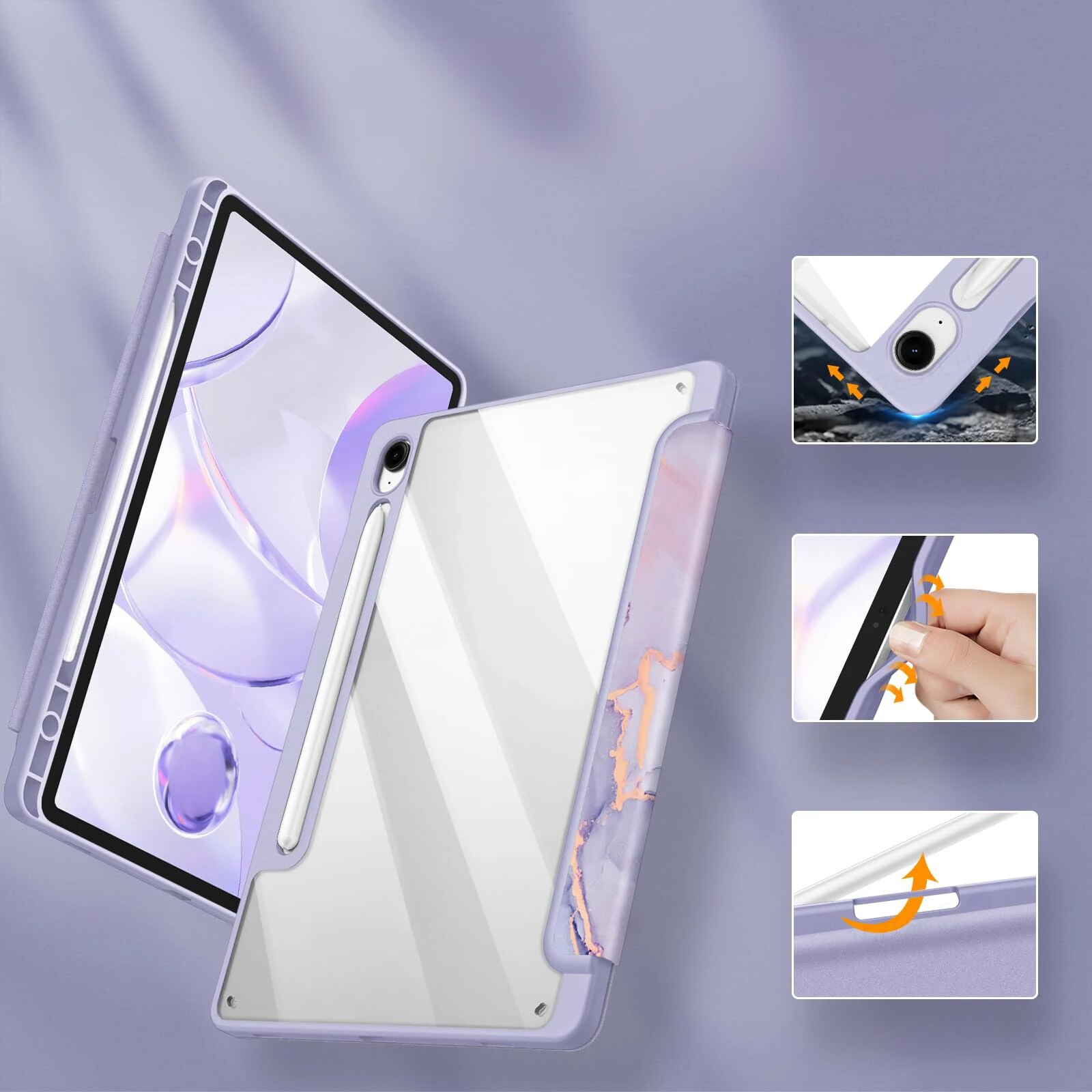 Husa tableta XGSM pentru Samsung Galaxy Tab S9 FE / S10 FE, Smartcase Hybrid, cu suport pentru stylus, violet marmura, tri-fold