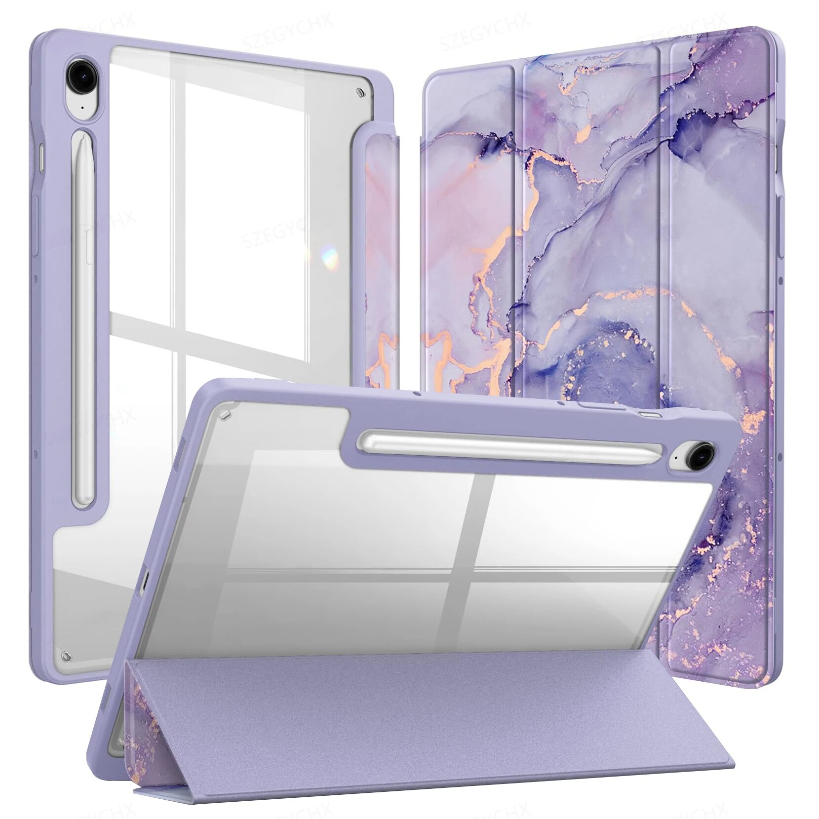 Husa tableta XGSM pentru Samsung Galaxy Tab S9 FE / S10 FE, Smartcase Hybrid, cu suport pentru stylus, violet marmura, tri-fold