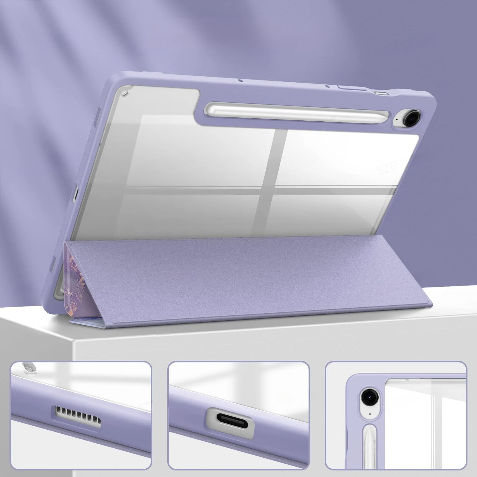 Husa tableta XGSM pentru Samsung Galaxy Tab S9 FE / S10 FE, Smartcase Hybrid, cu suport pentru stylus, violet marmura, tri-fold