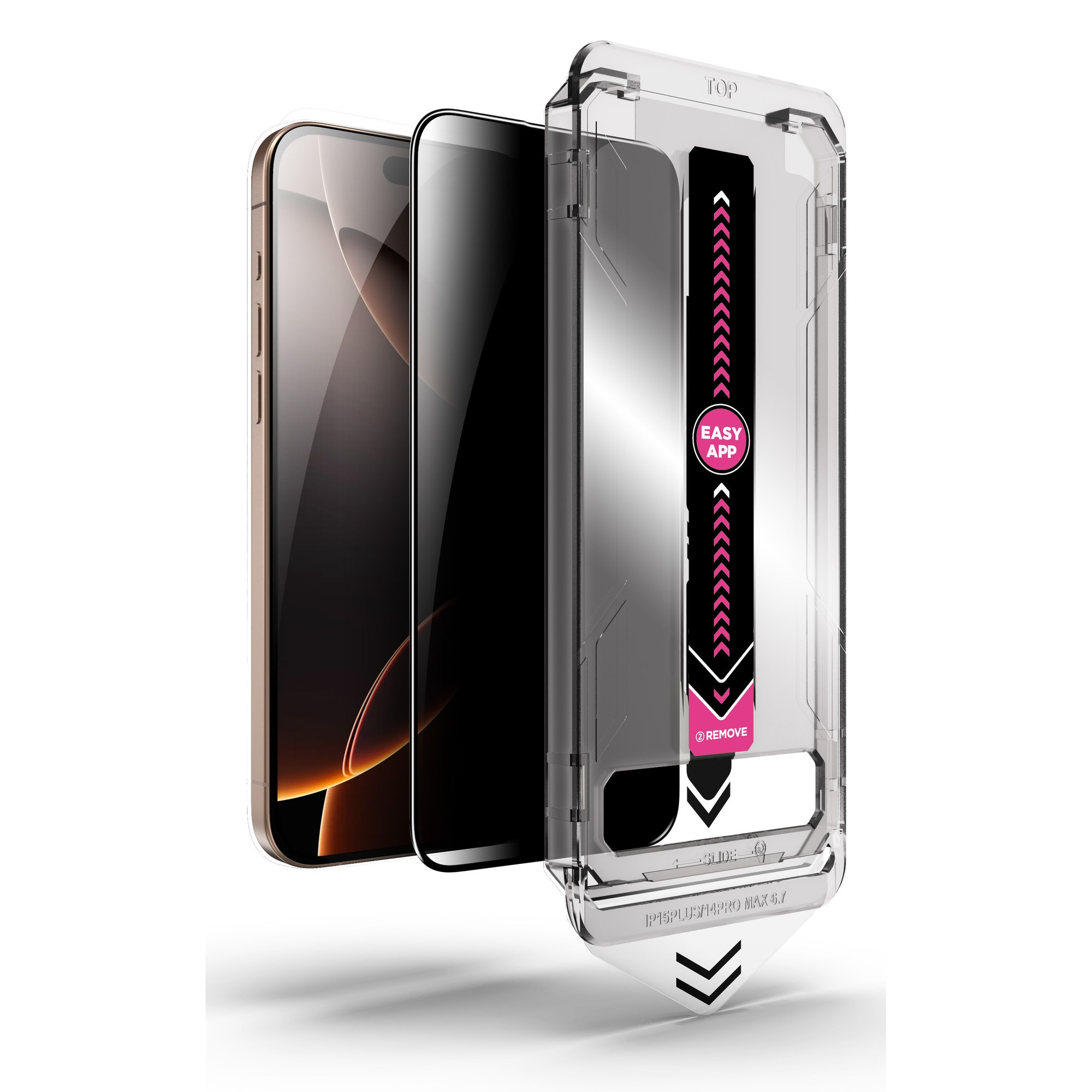 Folie de Protectie Privacy OG Purple compatibila iPhone 16 Plus/15 Plus, cu Kit de Aplicare Instanta si Functie Automata de Indepartare a Prafului, Ultra Claritate HD