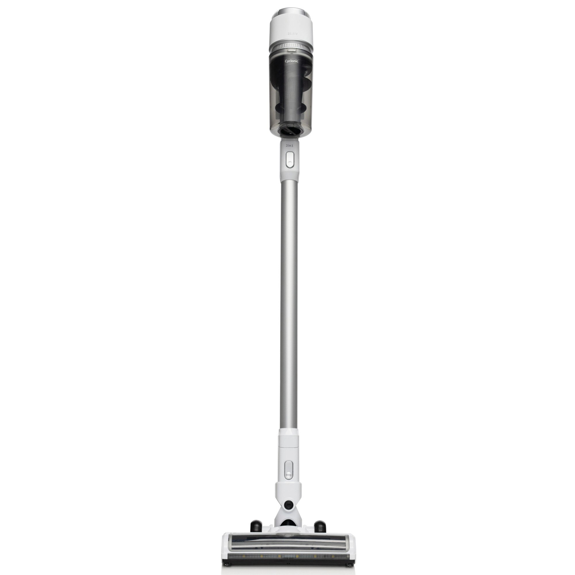 Aspirator vertical Hisense, fara sac, fara fir, aspirare uscata, 110 W, 0.5 litri, 21.6 V, LED avertizare umplere, indicator incarcare baterie, alb si argintiu