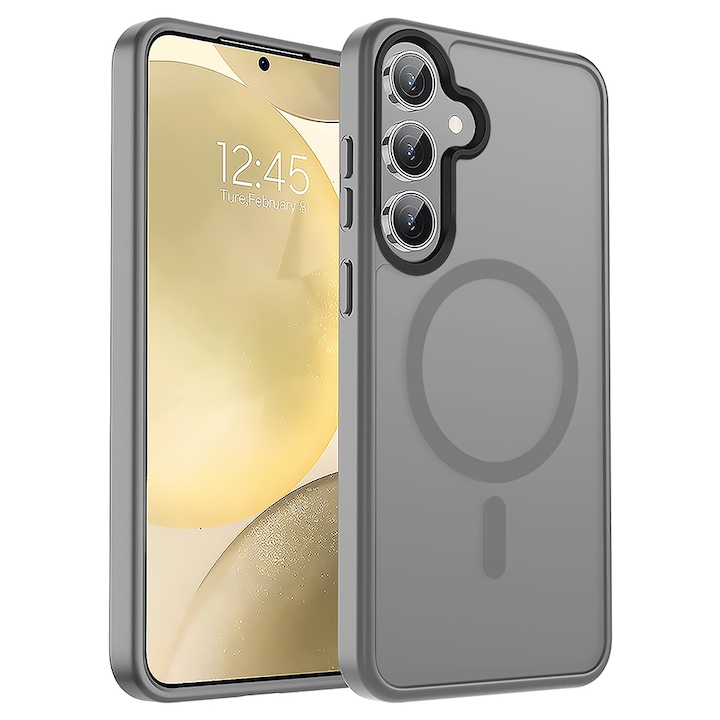 Husa compatibila cu Incarcare Magsafe pentru Samsung Galaxy S25 Plus, CASEY STUDIOS™, de Protectie, Slim, pentru Incarcare Wireless, Margini Ridicate pentru Protectia Ecranului si a Camerelor, Gri Deschis