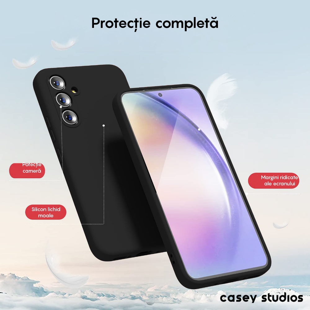 Husa CASEY STUDIOS™ compatibila cu Samsung Galaxy A54, Soft Silicone Premium, Microfibra in Interior, Negru, de Protectie, Ultra Slim, pentru Incarcare Wireless, Margini Ridicate pentru Protectia Ecranului si a Camerelor