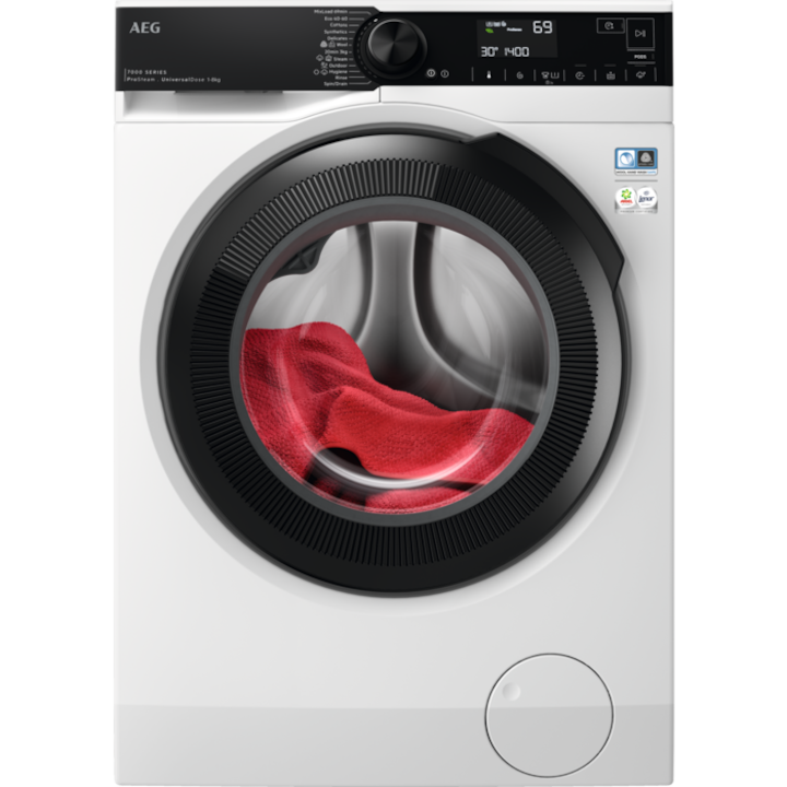 Masina de spalat cu abur cu incarcare frontala AEG LFR73844VE UniversalDose, clasa energetica A, capacitate 8 kg, 1400 rpm, afisaj LED, alb