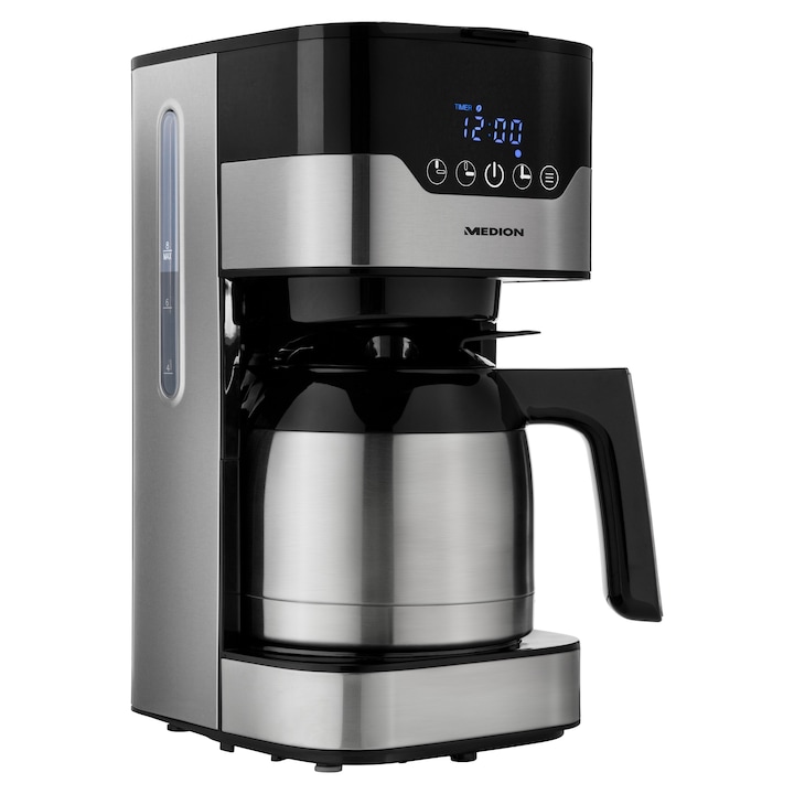Aparat de cafea Schwarz, Medion, 900 W, 1.2 l, Display LED, Timer, Argintiu/Negru