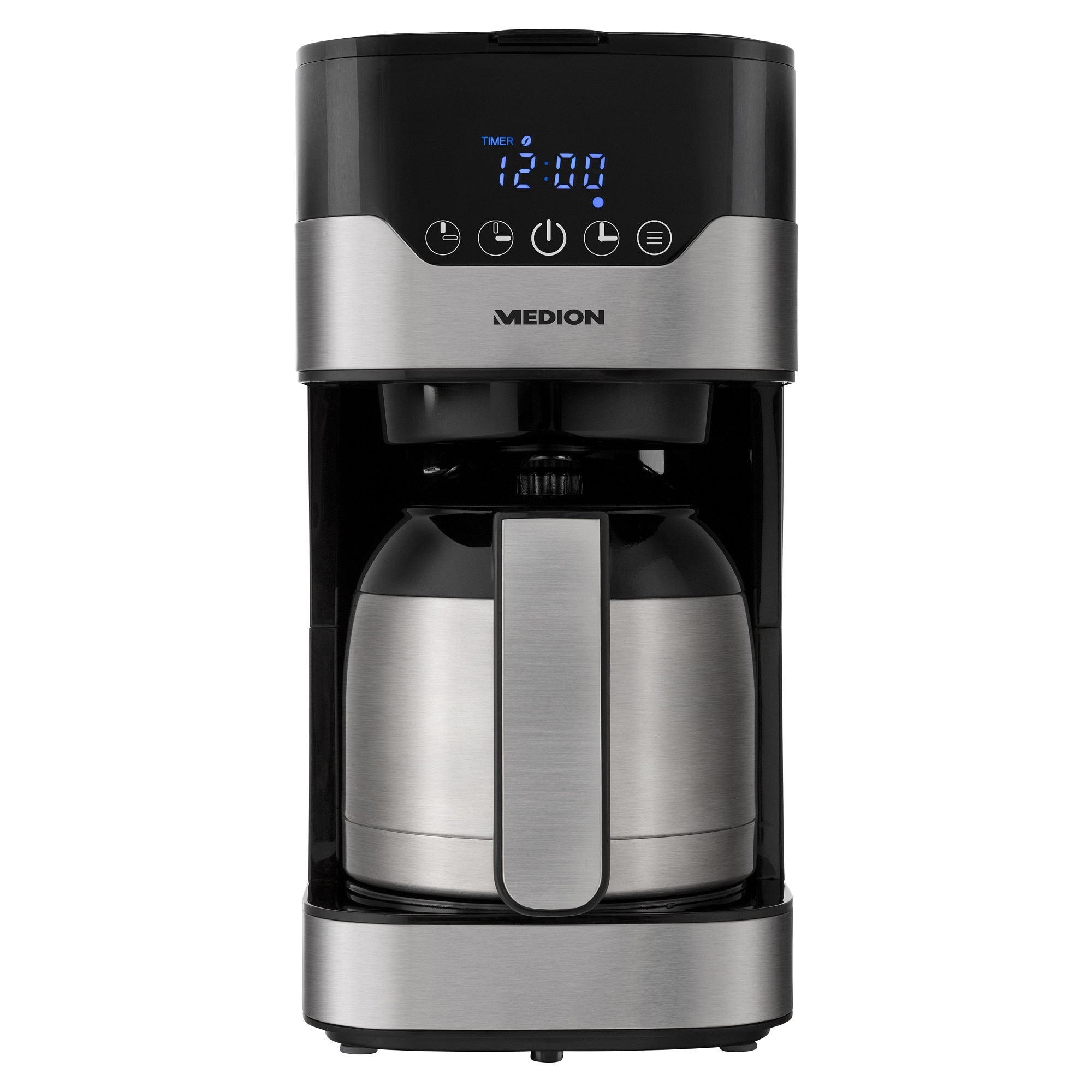 Aparat de cafea Schwarz, Medion, 900 W, 1.2 l, Display LED, Timer, Argintiu/Negru