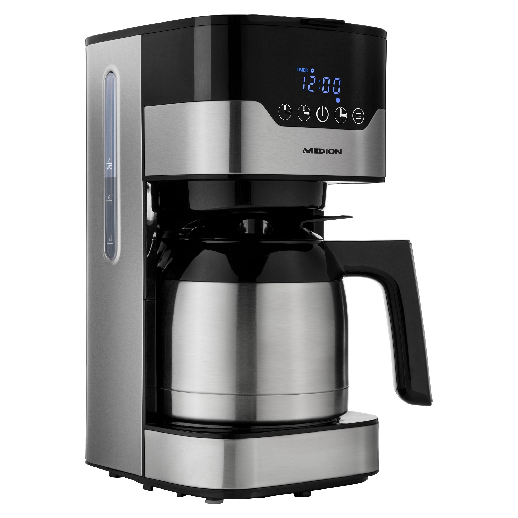 Aparat de cafea Schwarz, Medion, 900 W, 1.2 l, Display LED, Timer, Argintiu/Negru
